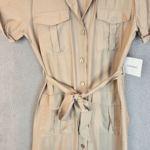 Ellen Tracy Midi Shirt Dress Sz M Tan Front Button Pockets Belted Casual Comfort - Picture 3 of 13